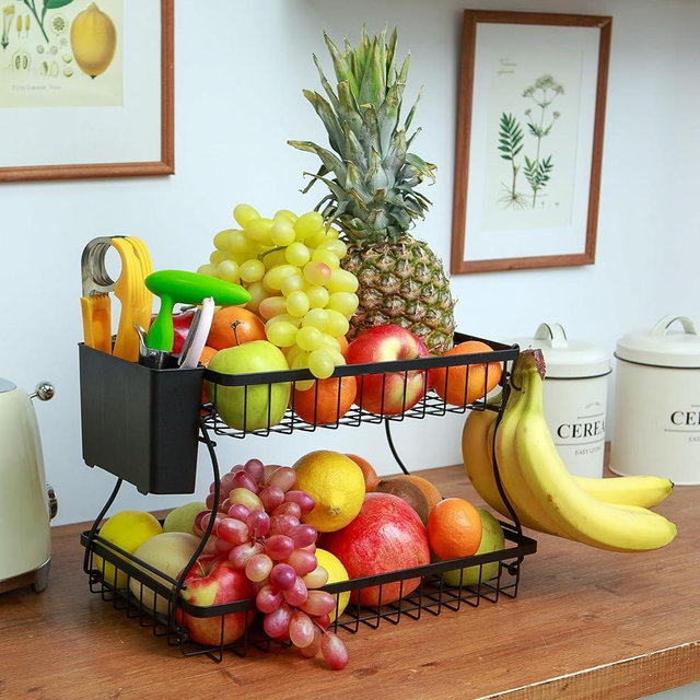 2 Tier Fruit Basket with Banana Hanger & Utensil Pocket – Metal Kitchen Counter Organizer for Fruits, Vegetables, Bread & Snacks + 3 Tools (Apple Corer, Banana Slicer, Peeler) – Perfect for Kitchen