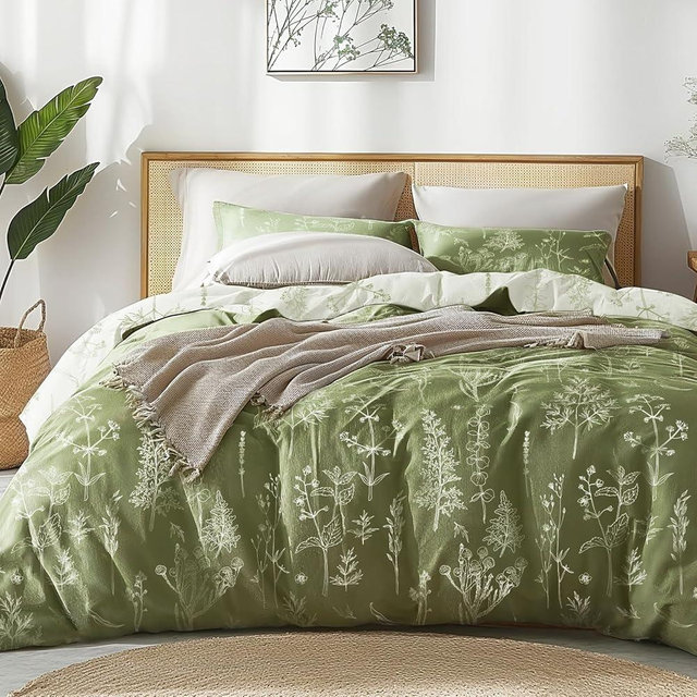 Love's cabin Olive Green King Comforter Set - King Size Comforter Set, 3 Pieces Cute Floral Bedding Sets for All Seasons,1 Soft Reversible Botanical Flowers Comforter and 2 Pillow Shams