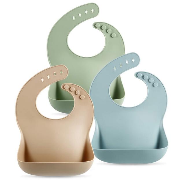 PandaEar Set of 3 Cute Silicone Baby Bibs for Babies Toddlers (10-72 Months) Waterproof, Soft, Unisex, Non Messy (Brown/Blue/Green)