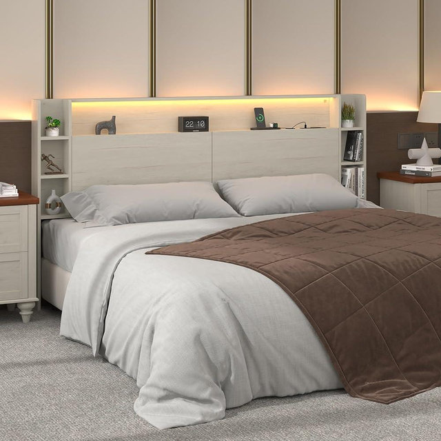 KATYGLORY King Headboard Only with Shelves Storage, Headboards with Charging Station 2 USB Ports and LED Light,Sturdy and Stable Modern Sturdy and Stable Wood Bed Board (White, King) | Solid wood leg, chargestation, Storage
