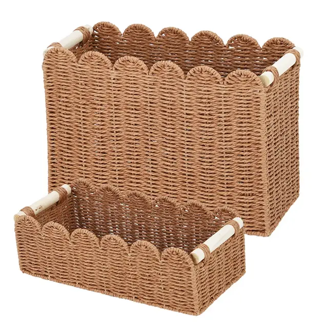 Set of 2 Bathroom Toilet Paper Storage Basket, Handwoven Paper Rope with Wooden Handles, Wavy Edge Design, Moisture Resistant