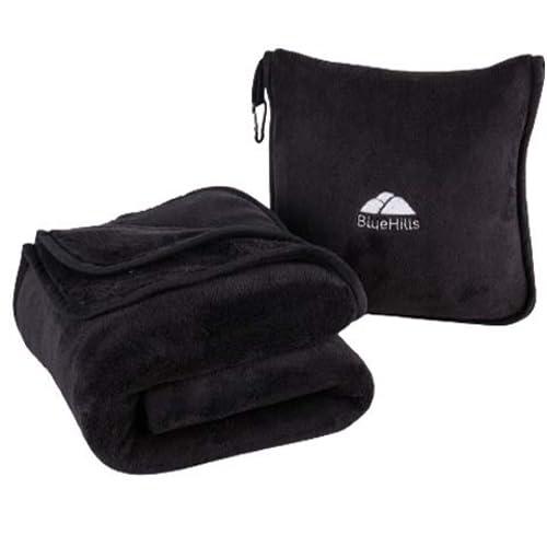 BlueHills Premium Soft Tall Travel Blanket Pillow Airplane Flight Blanket Long 70 X 48 inches Throw in Bag Pillow case Compact Pack Large Blanket Long Black T054