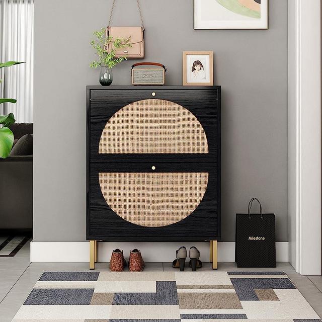 ZeHuoGe Natural Rattan Shoe Cabinet with 2 Flip Drawers, Entrance Hallway Slim Entryway Shoe Organizer, Black Shoe Rack Storage Cabinet for Modern Heels, Boots, Slippers (Black)