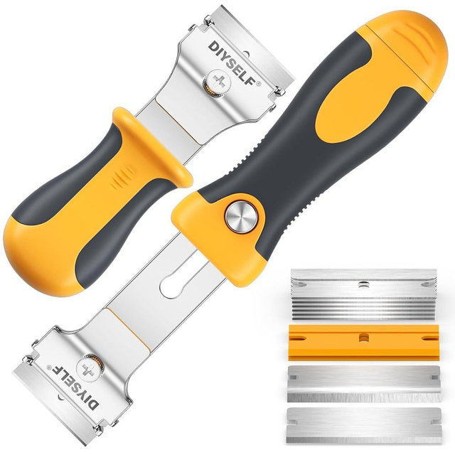 DIYSELF 12PCS Razor Blade Scraper, Glass Scraper, Oven Scraper for Cleaning, Razor Scraper for Floors, Glass Stove Top Scraper, Window Scraper, Includes Extendable Handle and 10 Extra Blades