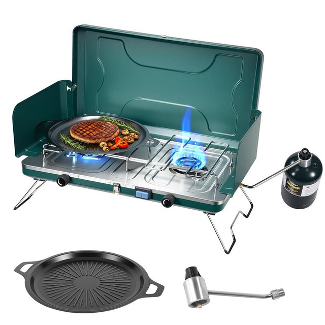GOSPOWOR 2 Burner Propane Stove, 20000BTU Portable Camping Stove with 2 Adjustable Burner and Wind Guards, Camping Cooktop with Ignition & Griddle for Camping,Tailgating, BBQ, Grilling,Outdoor Gear