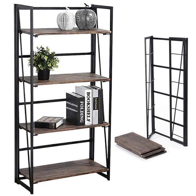 Coavas Folding Bookshelf Storage-Rack 4 Tiers Office-Bookcase Home Shelf Storage Cabinet No-Assembly Industrial Standing Baker's Racks Sturdy Shelf Organizer 23.6 X 11.8 X 49.4 Inches