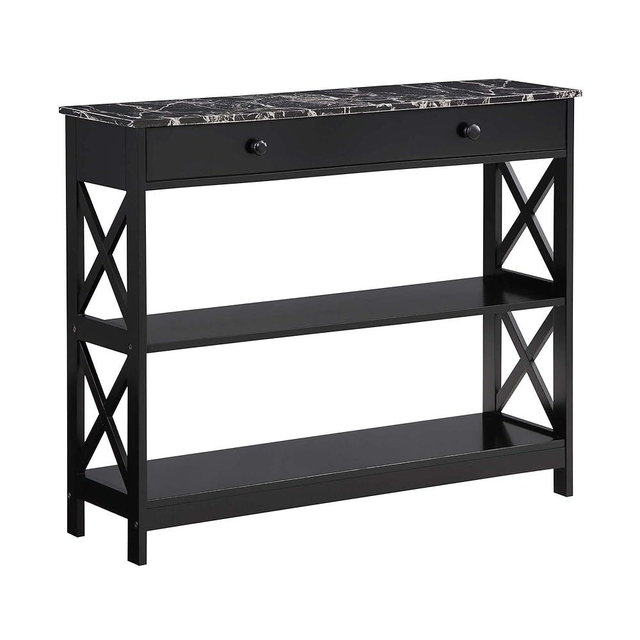 Convenience Concepts Oxford 1 Drawer Console Table with Shelves, Black Faux Marble/Black