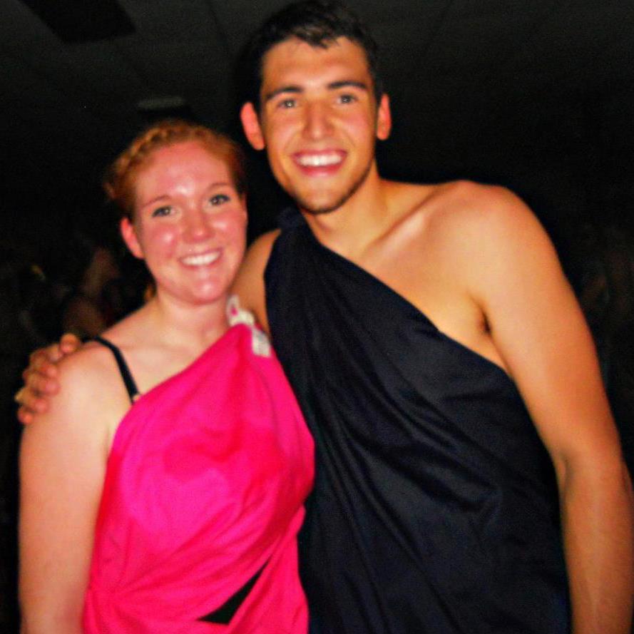 The first photo of us together as freshmen at Rockhurst (2011); A school-wide toga party!