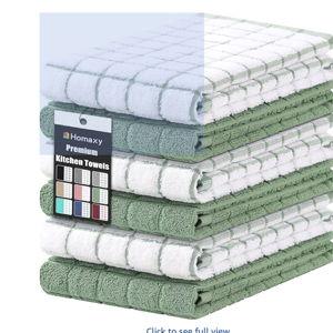 Homaxy Premium Cotton Kitchen Towels 16"x 28", Large Natural Ring Spun 390 GSM Dish Towels, Super Absorbent Terry Kitchen Hand Towels, Soft Tea Towels with Hanging Loop, Grass Green Check, 6 Pack