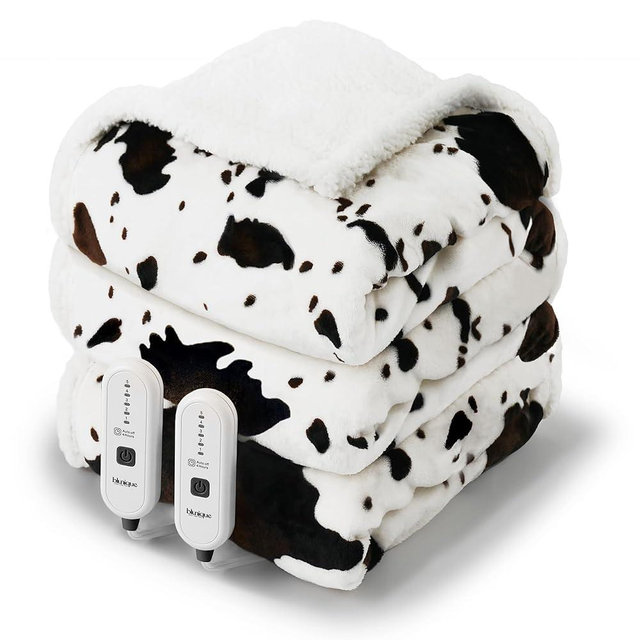 blunique Heated Blanket Electric Blanket - Dual Control Heating Blanket King with 5 Heat Levels & 10 Hours Auto-Off, Cozy Soft Fleece Sherpa Blanket, Washable, Fast Heating, 90x100 Inches, Cow Print