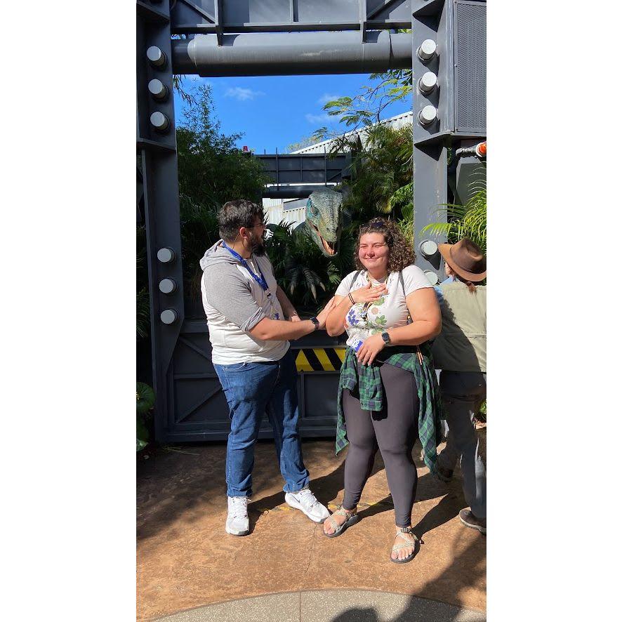 Getting super scared by Blue the Velociraptor at Universal Islands of Adventure, January 2023