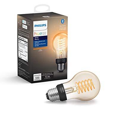 Philips Hue White Filament A19 Smart Vintage LED bulb, Bluetooth & Hub compatible (Hue Hub Optional), voice activated with Alexa