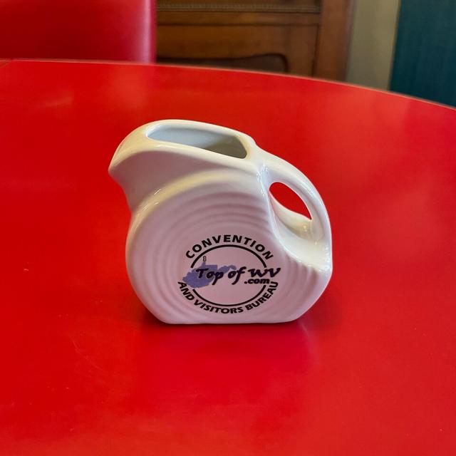 Fiesta (Fiestaware) Mini Disc Pitcher (Creamer) / White with West Virginia Advertising Imprint