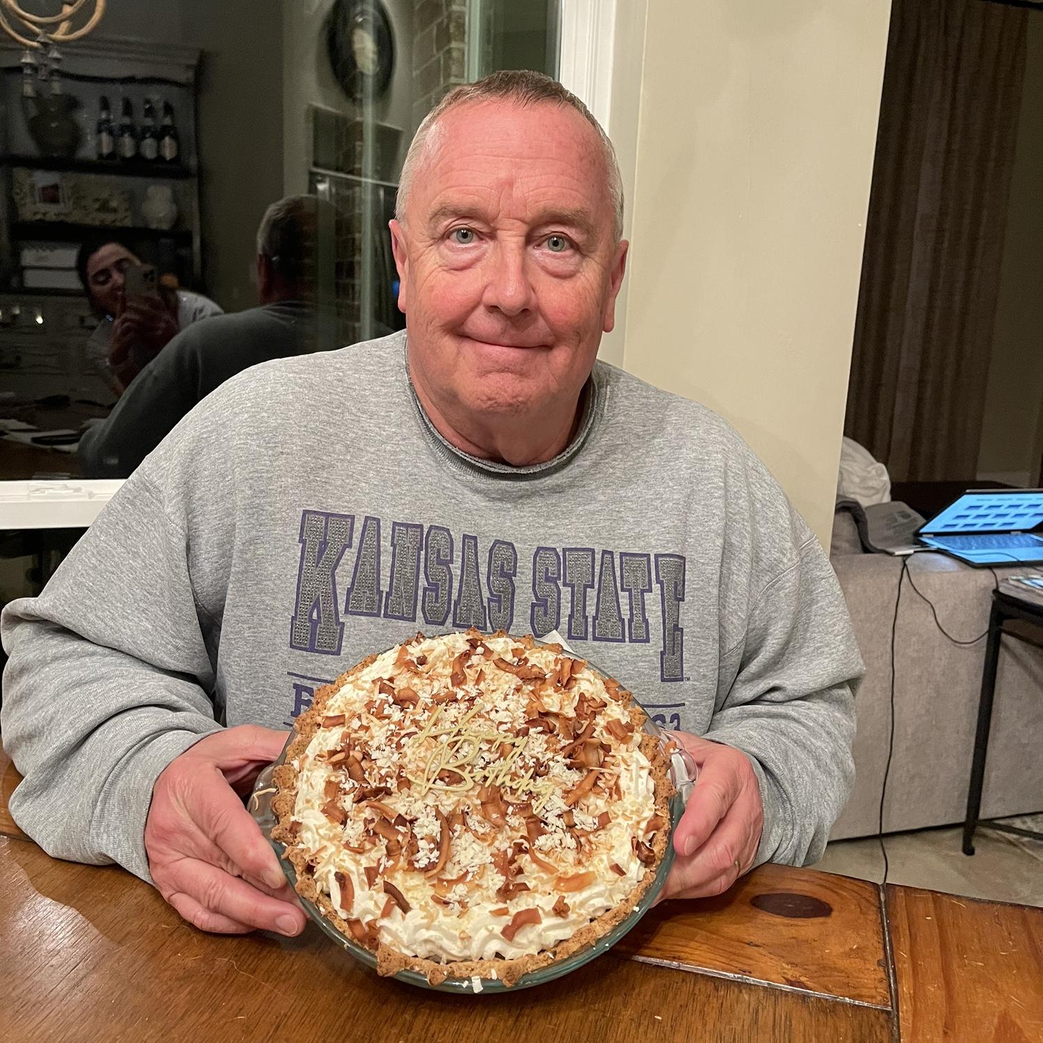 Stevie G and his birthday pie, made by Kass!