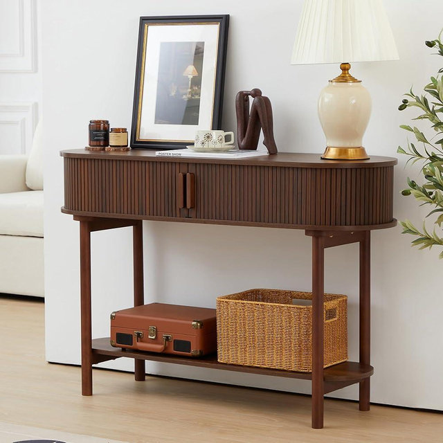 RARZOE Fluted Console Table, Modern Entryway Table with Tambour Sliding Door, 2-Tier Sofa Table with Storage, Side Table Behind Couch in Living Room Hallway Foyer, Walnut
