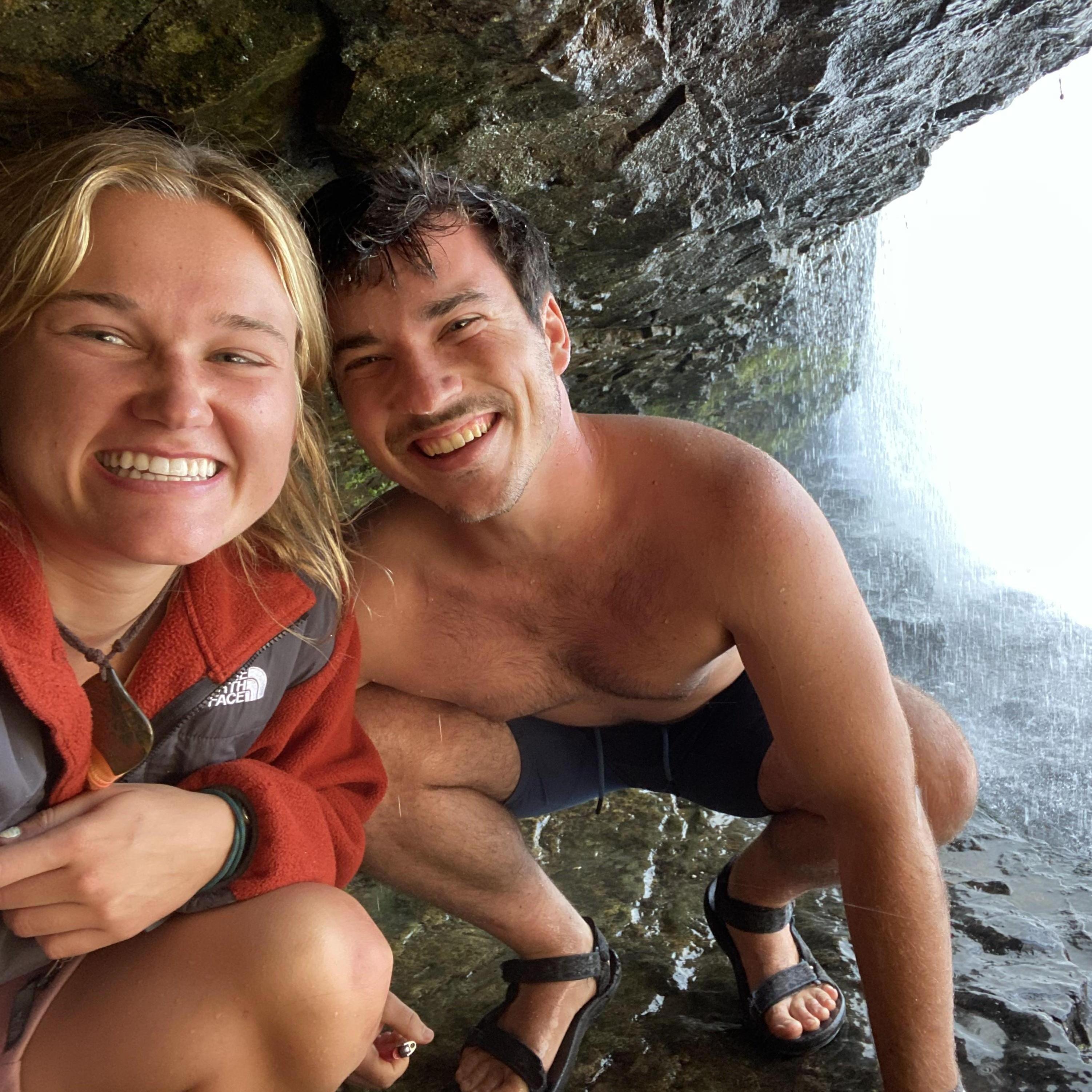 Underneath the waterfall at Willow River State Park