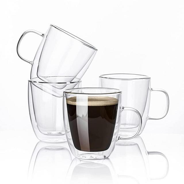 Kanwone Glass Coffee Mugs - 12.5 Ounce Double Wall Insulated Mug set with Handle, Clear Coffee Mugs, Perfect for Latte, Americano, Cappuccinos, Tea Bag, Beverage, Set of 4