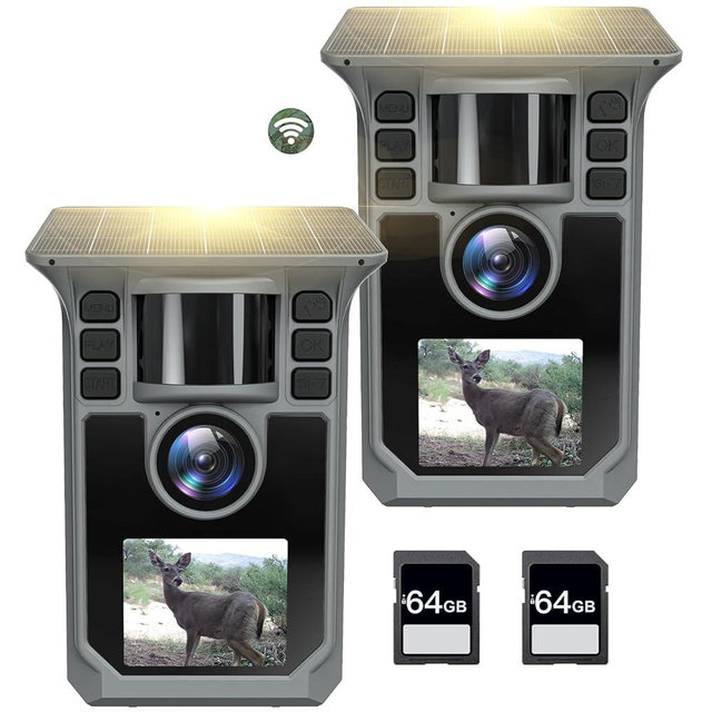 Hrivcam Trail Camera 2 Pack 4K 64MP WiFi Solar Game Camera, 5000mAh Forever Power, 64GB Memory Card and Ip67 Waterproof Night Vision Trail Cam for Outdoor Trail Cam, Monitoring Trail Cameras