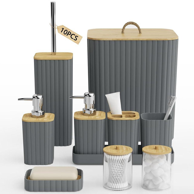 InnJoey Bathroom Accessories Set - 10PC Bathroom Set, Grey Bathroom Set, Bathroom Accessories Set, Toilet Brush, Bathroom Trash Can & Soap Dispenser
