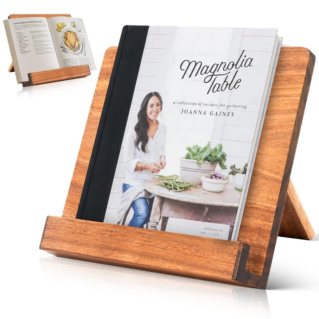 Acacia Wood Cookbook Stand – Adjustable Recipe Book Holder for Kitchen Counter, Sturdy Wooden Stand Fits Thick Cookbooks, iPads & Tablets