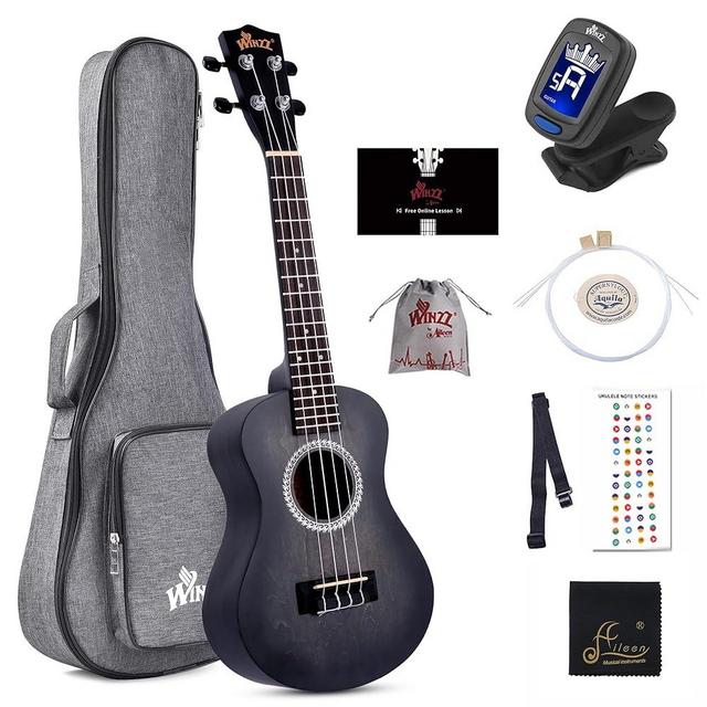 WINZZ HAND RUBBED Series - Concert Ukulele Vintage Hawaiian with Bag, Tuner, Strap, Extra Strings, Fingerboard Sticker, 23 Inches, Black