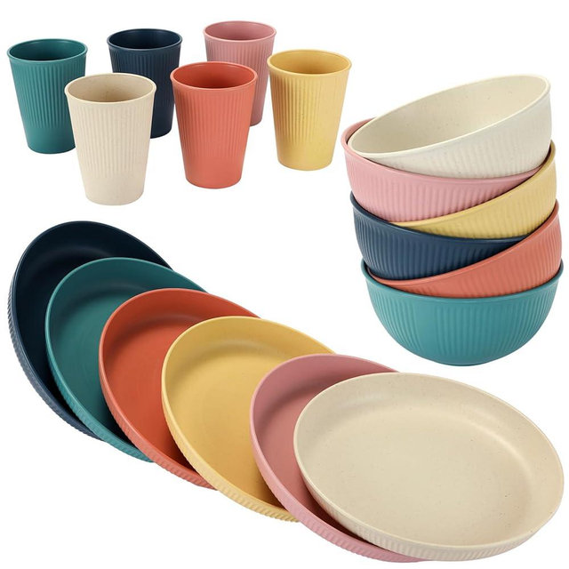 18PCS Wheat Straw Dinnerware Sets Unbreakable Reusable Dinnerware Set for 6, Microwave Dishwasher Safe Dinnerware for Outdoor Camping Dishes