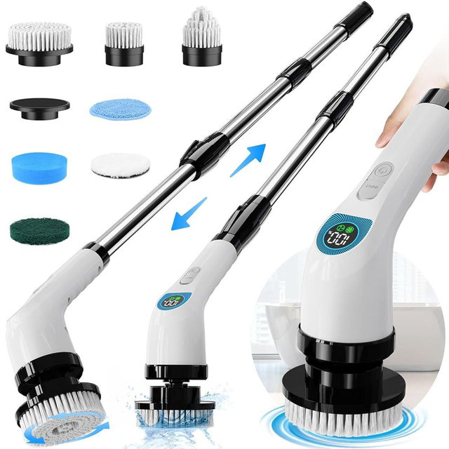 Guteran Electric Spin Scrubber, Cordless Cleaning Brush with 10 Cleaning Tools, 2H Long Battery Life, Adjustable Handle, IPX7 Waterproof Power Scrubber for Bathroom, Tub, Tile, and Car Cleaning