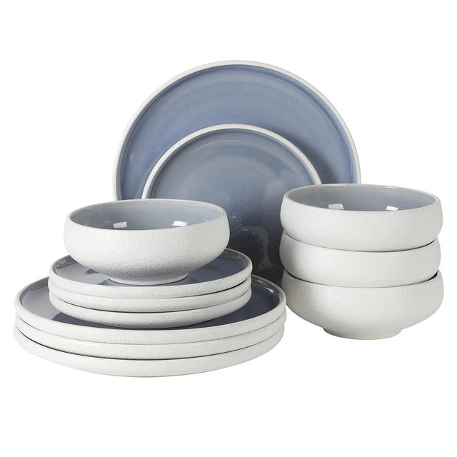 Gibson Elite Pacifco Beach Plates and Bowls Sets, 12-Piece Stoneware Dinnerware Sets, Reactive Glaze Dish Set - Blue