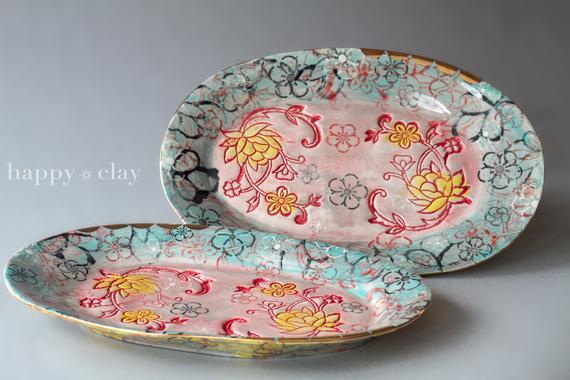 Happy Clay Ceramic Serving Platter in Lotus Garden 11x17