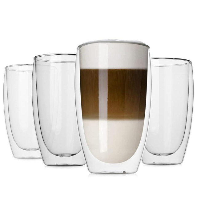 LUXU 16 Oz Double Walled Glass Coffee Mugs,4-Pack Premium Coffee Cups,Double Wall Insulated Glass Coffee Cups,Clear Borosilicate Glass Mugs,Perfect for Cappuccino,Espresso,Hot Beverage and Beverage.