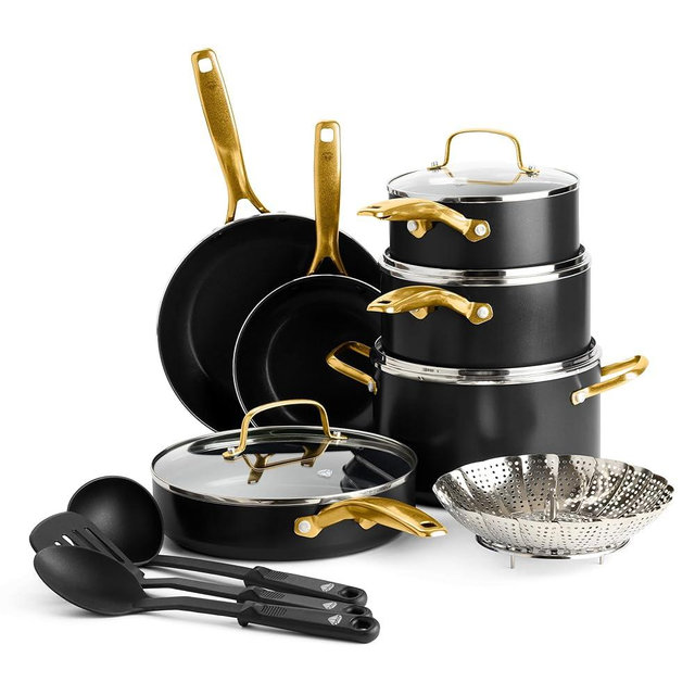 Blue Diamond Gold 14 Piece Cookware Set,Ceramic Nonstick, PFOA Free, Induction Suitable, Dishwasher Safe, Gold Handle, Black