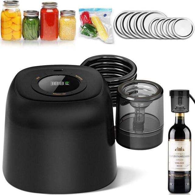 Electric Mason Jar Vacuum Sealer Kit with External Assembly Vacuum Pump for Food Storage, Automatic Vacuum Sealer Compatible with Vacuum Bag, Wine Bottle, Wide Mouth and Regular Mouth Mason Jars