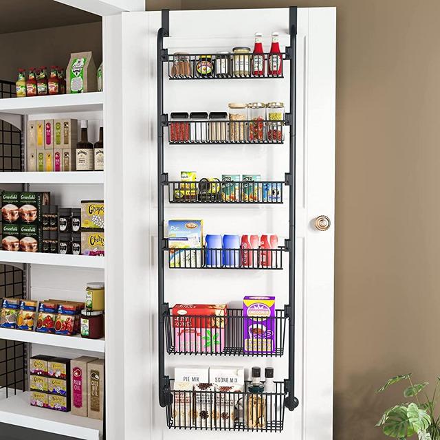 Over the Door Pantry Organizer, 1Easylife 6-Tier Pantry Door Organization and Storage with 2 Deeper Baskets, Heavy-Duty Metal Hanging Kitchen Spice Rack Can Organizer (4x4.72"+2x5.9"Width Baskets)