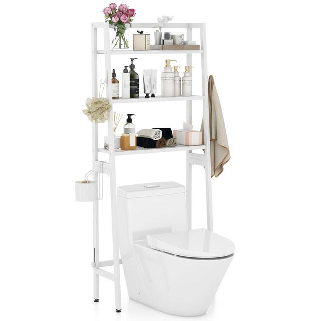 Tangkula Over-the-Toilet Storage 3-Tier Freestanding Bathroom Organizer Shelf w/ 2 Hanging Hooks & Toilet Paper Holder White