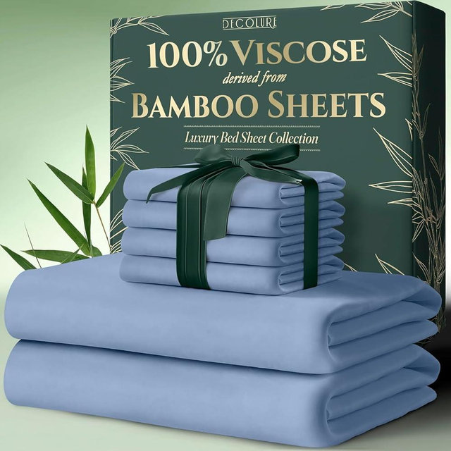 DECOLURE 100% Viscose Derived from Bamboo Sheets King Size 6pcs - Ultra Soft & Luxuriously Cooling, 17" Deep Pocket, Double Stitching, Perfect for Hot Sleepers - King Bed Sheets (Light Blue)