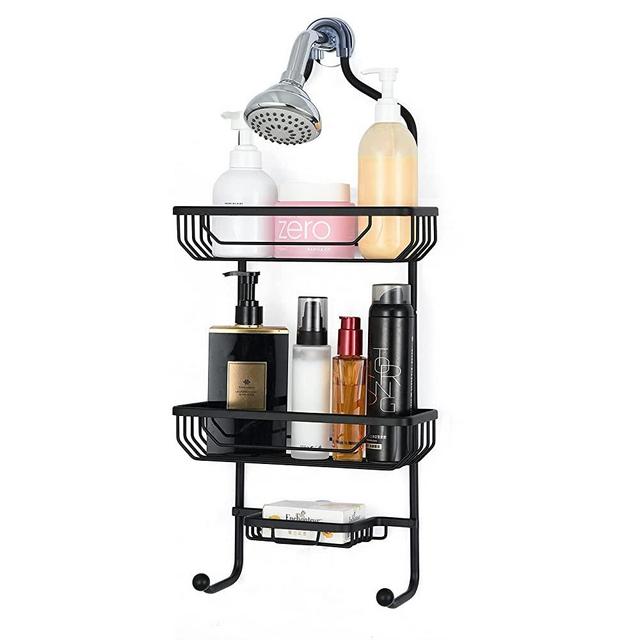Vuskly Shower Caddy Over the Shower Head , Aluminum Bathroom Hanging Shower Organizer with 3-Tier Baskets and 2 Hooks, Wide Space Shower Storage for Shampoo and Soap, Black, 11x4.9x 24.8 inches