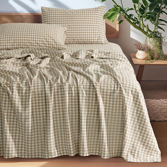 SONORO KATE 100% French Pure Linen Sheets, Breathable and Durable Linen King Size Sheets, Anti-Tear Bed Sheets, Machine Washable, 16 Inch Deep Pocket - 4 Piece (Linen & White Plaid)