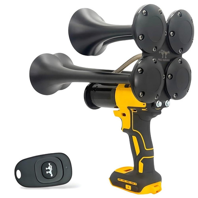 Impact Train Horn – Remote-Controlled, 140DB, Cordless Drill Train Horn with Four Metal Trumpets