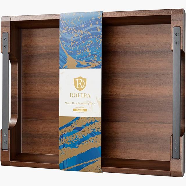 Dofira Acacia Wood Serving Tray with Metal Handles, 17x13in Food Drinks Tray for Coffee Table, Breakfast, Dinner & Bar, Rustic Decorative Storage Tray for Ottoman, Kitchen, Bedroom & Christmas Gift
