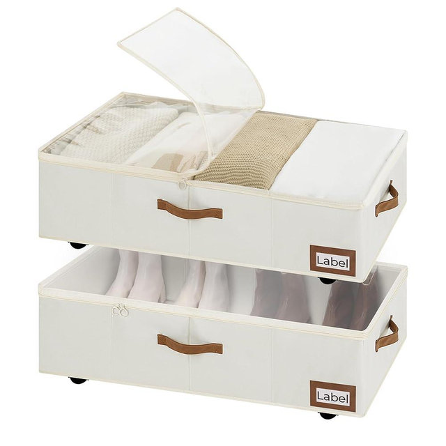 StorageWorks Under Bed Storage with Wheels, 10" Underbed Storage Containers with Lid, 90L Clothes Organizer for Blankets, Sweaters, Bedding, 2-Pack, Beige