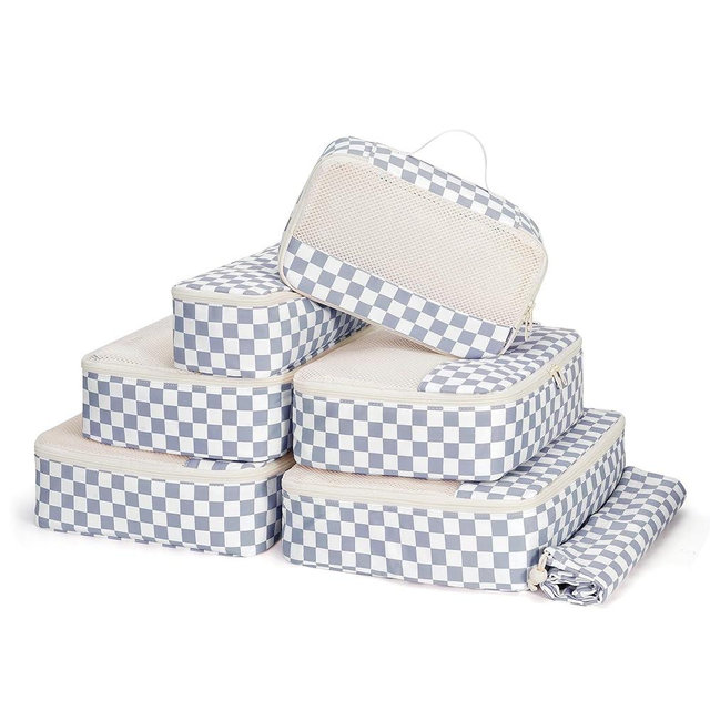 Narwey 7 Set Checkered Packing Cubes for Travel Carry on Suitcase Luggage Organizer Bags for Kids Women Men, Durable Packing Organizers Bag, Travel Essentials Accessories (Grayish Blue Checkerboard)