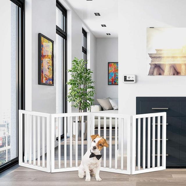 PETMAKER Freestanding Pet Gate - Wooden Folding Fence for Doorways, Halls, Stairs & Home - Step Over Divider - Great for Dogs & Puppies,White
