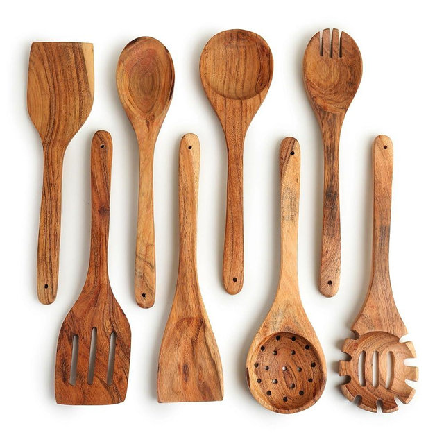 LAVAUX DESIGNS Acacia wood cooking utensils set of 8, 12 inch long wooden spatula set for cooking | Non stick cook ware friendly wooden spoons for cooking | BPA & toxin free natural finish