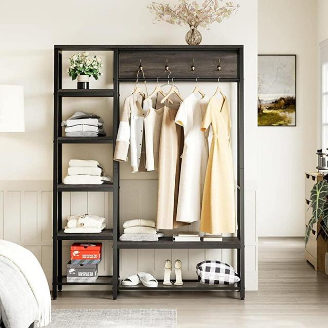 HITHOS 3-in-1 Metal Garment Rack, Industrial Coat Rack with 5-Tier Shelves and Shoe Bench, Heavy Duty Closet Organizer with Hanging Rod and Hooks, Freestanding Hall Tree, Coat stand for Bedroom, Living Room, Entryway, Dark Brown