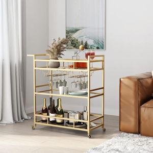 Gold Bar Carts with 3 Tier Glass Shelves