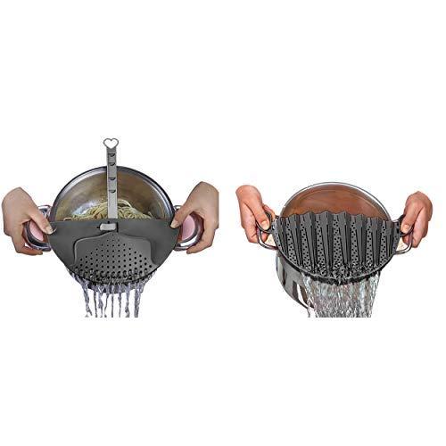 DUXU Kitchen Strainers - Pack of 2 BPA-free Clip-On Colander Sieve for Bowls, Pots & Pans - Food Drainers for Pasta, Spaghetti, Potatoes & Vegetables - Dishwasher Safe Cooking Utensils-Gray