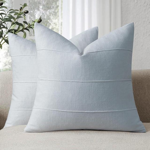 ZWJD Decorative Linen Throw Pillow Covers 18x18 Set of 2 Solid Handcrafted Striped Cushion Covers for Bed Soft Modern Farmhouse Neutral Pillowcase for Couch Bedroom Living Room Home Decor(Sky Blue)