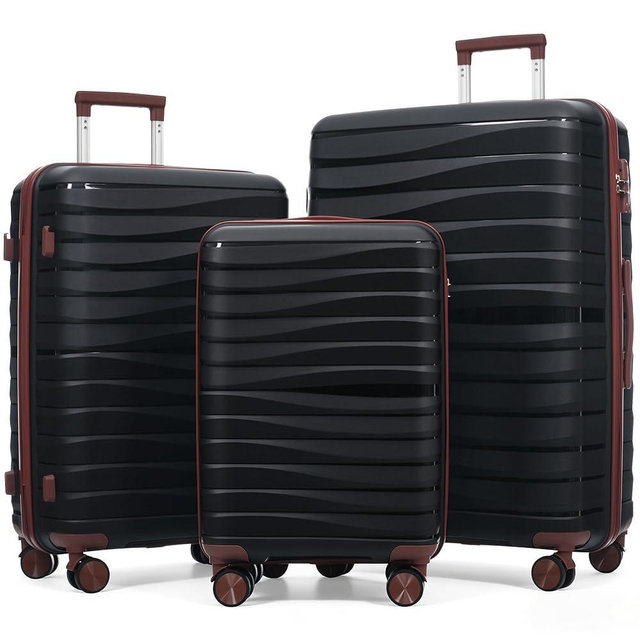 Hardside Luggage Sets, Lightweight Wave Suitcase with Spinner Wheels, PP Black