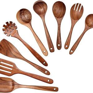 Wooden Spoons for Cooking 9 Pieces Set, Teak Wooden Kitchen Utensil Set, Wooden Cooking Utensils Spoons, Spatulas, Heat-Resistant, Lightweight & Durable, Perfect for Non-Stick Cookware