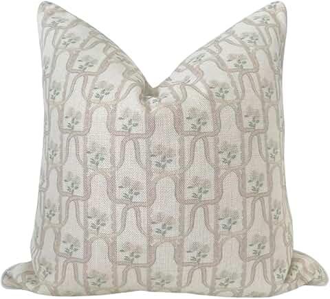 Jillien Harbor Throw Pillow for Home Millie Floral Pillow Cover Grandmillennial Pillow Cover 20" x 20" Grandmillennial Home Decor Beige Pillow Bows Scallops (Blue Piping)